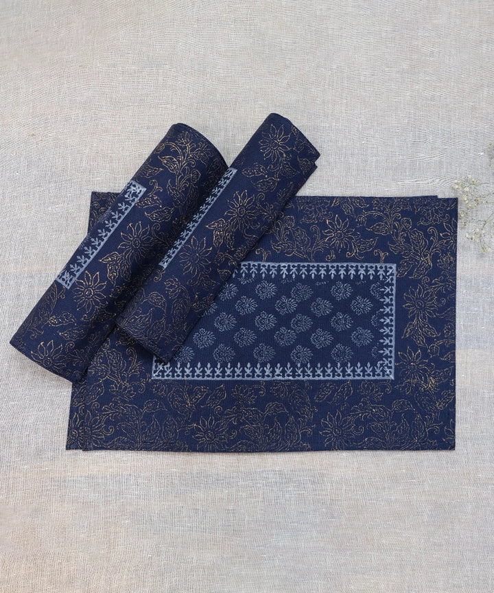 Set of 6 Navy Cotton Canvas Hand Block Printed Table Mats | SHOBITAM