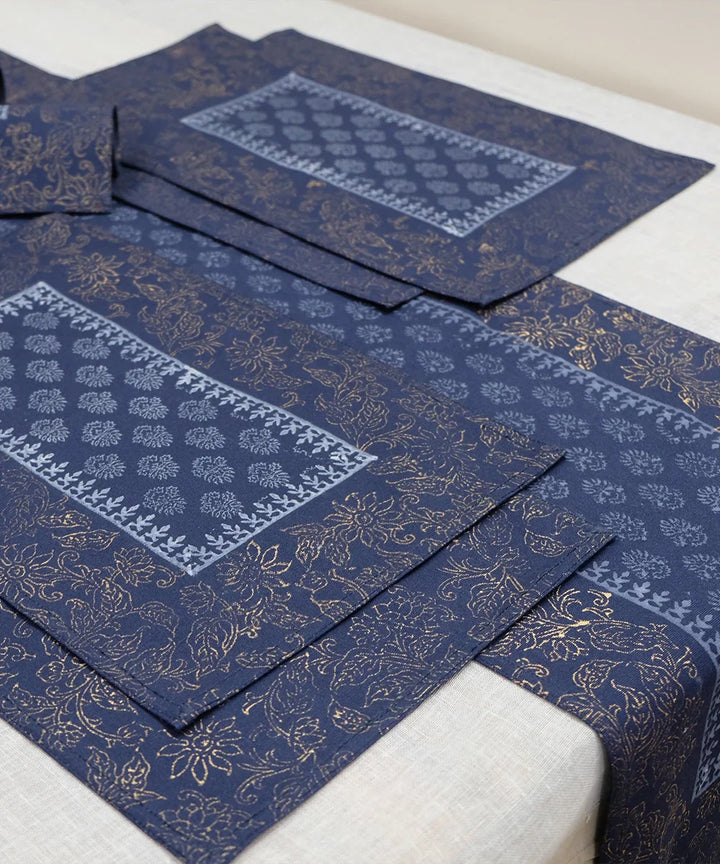 Set of 6 Navy Cotton Canvas Hand Block Printed Table Mats | SHOBITAM