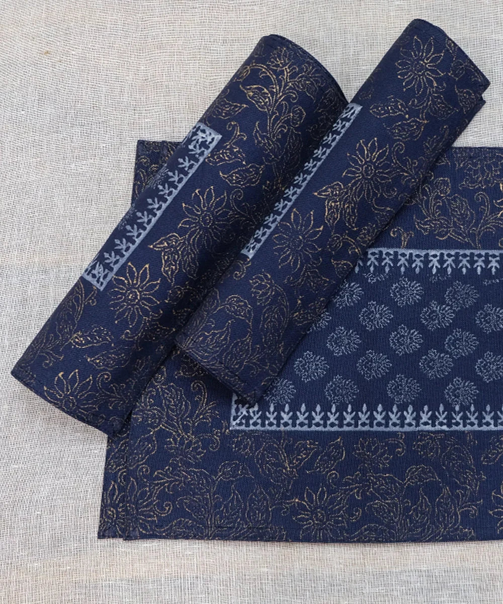 Set of 6 Navy Cotton Canvas Hand Block Printed Table Mats | SHOBITAM