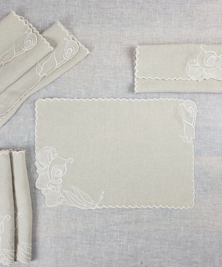 Set of 6 Natural Beige Pure Linen Embroidered Cutwork Table Mat | SHOBITAM