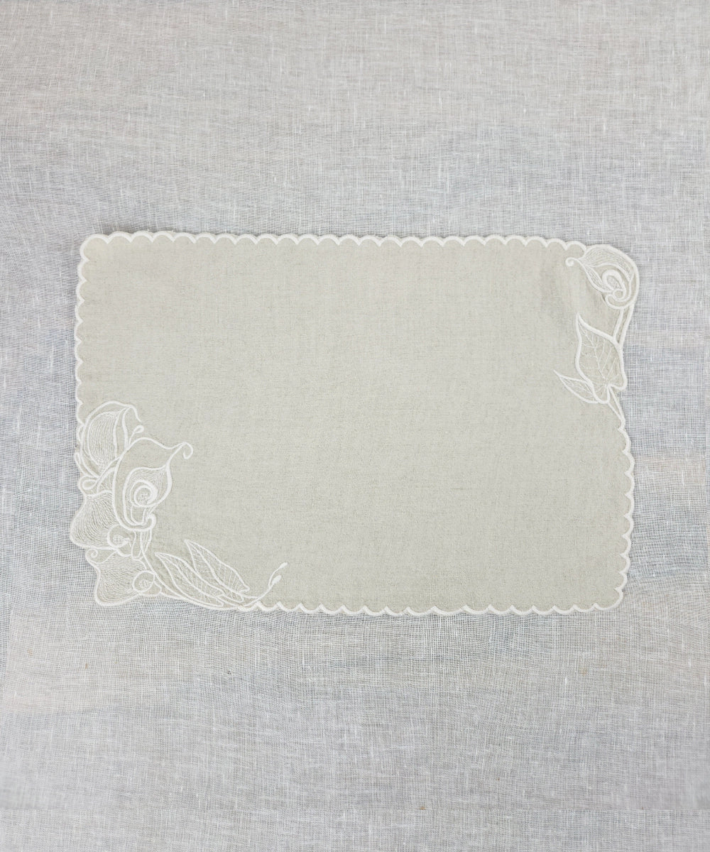 Set of Beige Pure Linen Cutwork Embroidered Table Runner with 6 pcs Table Mats | SHOBITAM