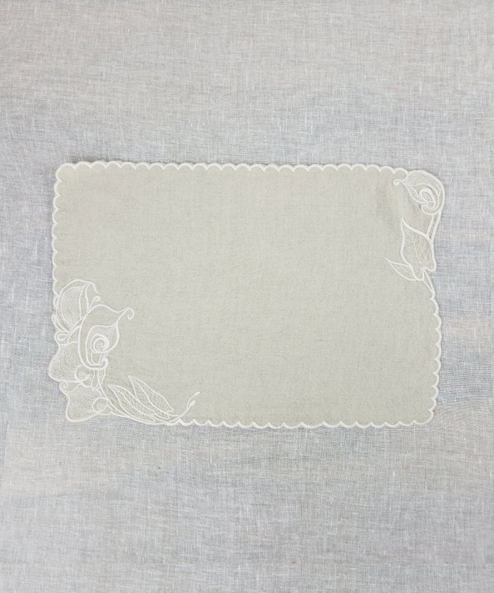 Set of Beige Pure Linen Cutwork Embroidered Table Runner with 6 pcs Table Mats | SHOBITAM