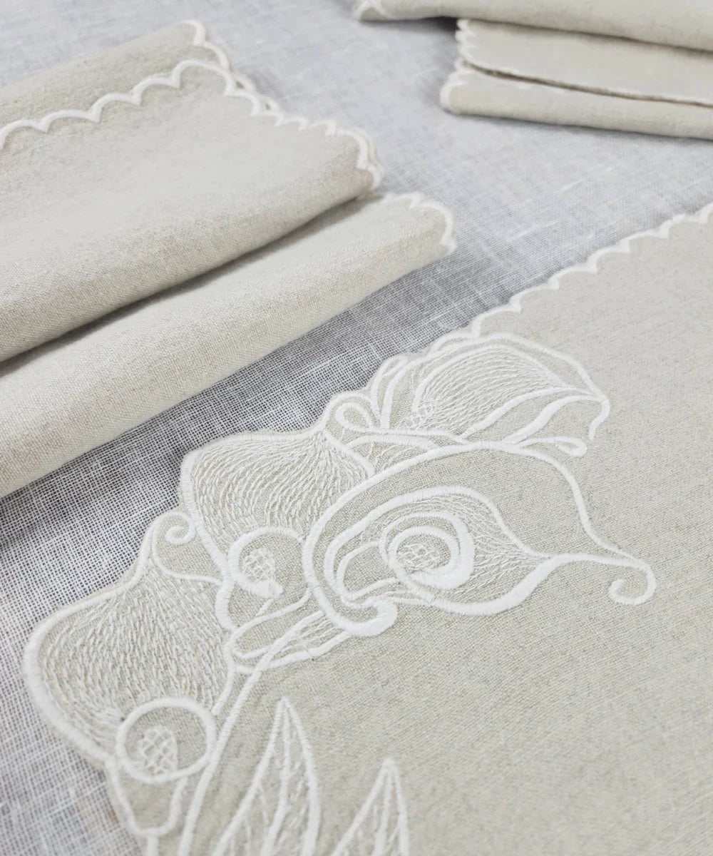 Set of 6 Natural Beige Pure Linen Embroidered Cutwork Table Mat | SHOBITAM
