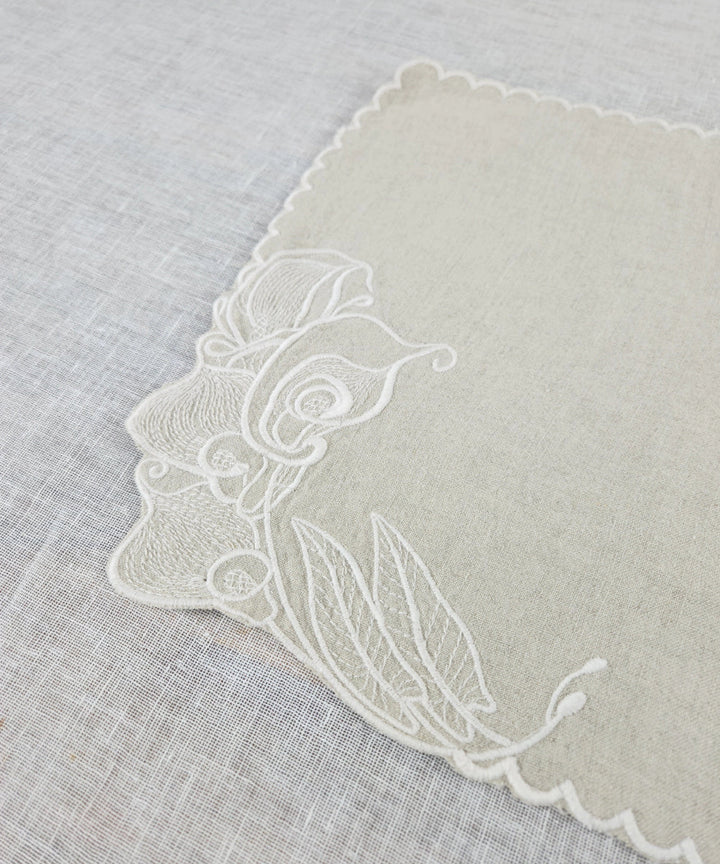 Set of 6 Natural Beige Pure Linen Embroidered Cutwork Table Mat | SHOBITAM