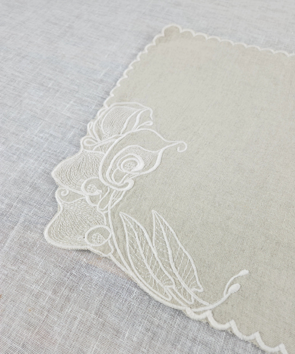 Set of Beige Pure Linen Cutwork Embroidered Table Runner with 6 pcs Table Mats | SHOBITAM