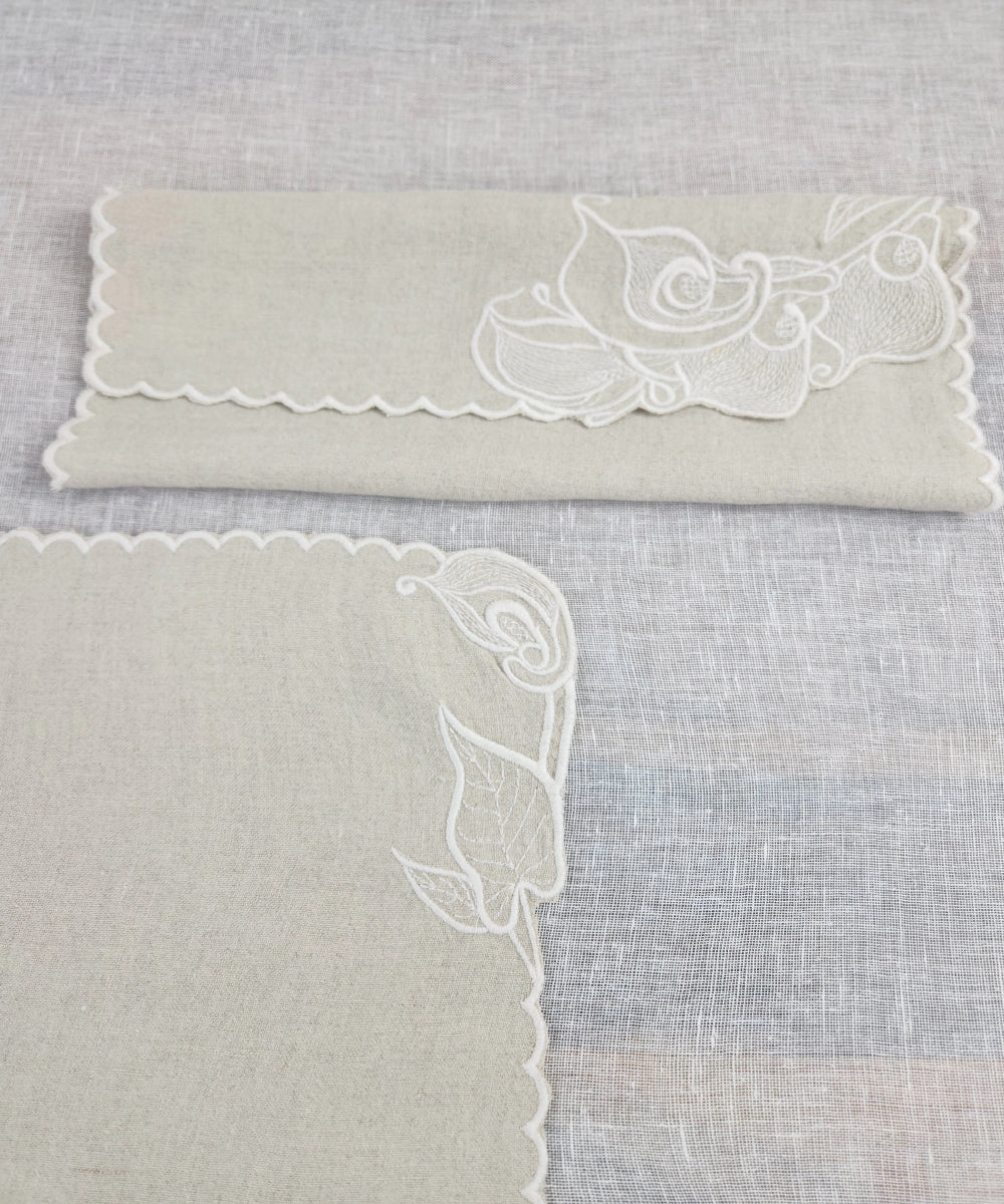 Set of 6 Natural Beige Pure Linen Embroidered Cutwork Table Mat | SHOBITAM