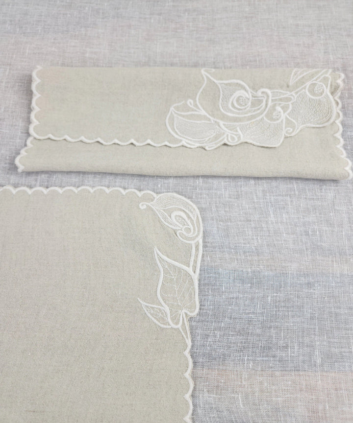 Set of 6 Natural Beige Pure Linen Embroidered Cutwork Table Mat | SHOBITAM