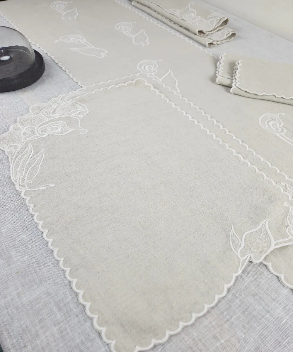 Set of 6 Natural Beige Pure Linen Embroidered Cutwork Table Mat | SHOBITAM