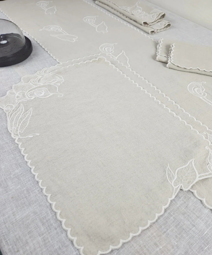 Set of 6 Natural Beige Pure Linen Embroidered Cutwork Table Mat | SHOBITAM