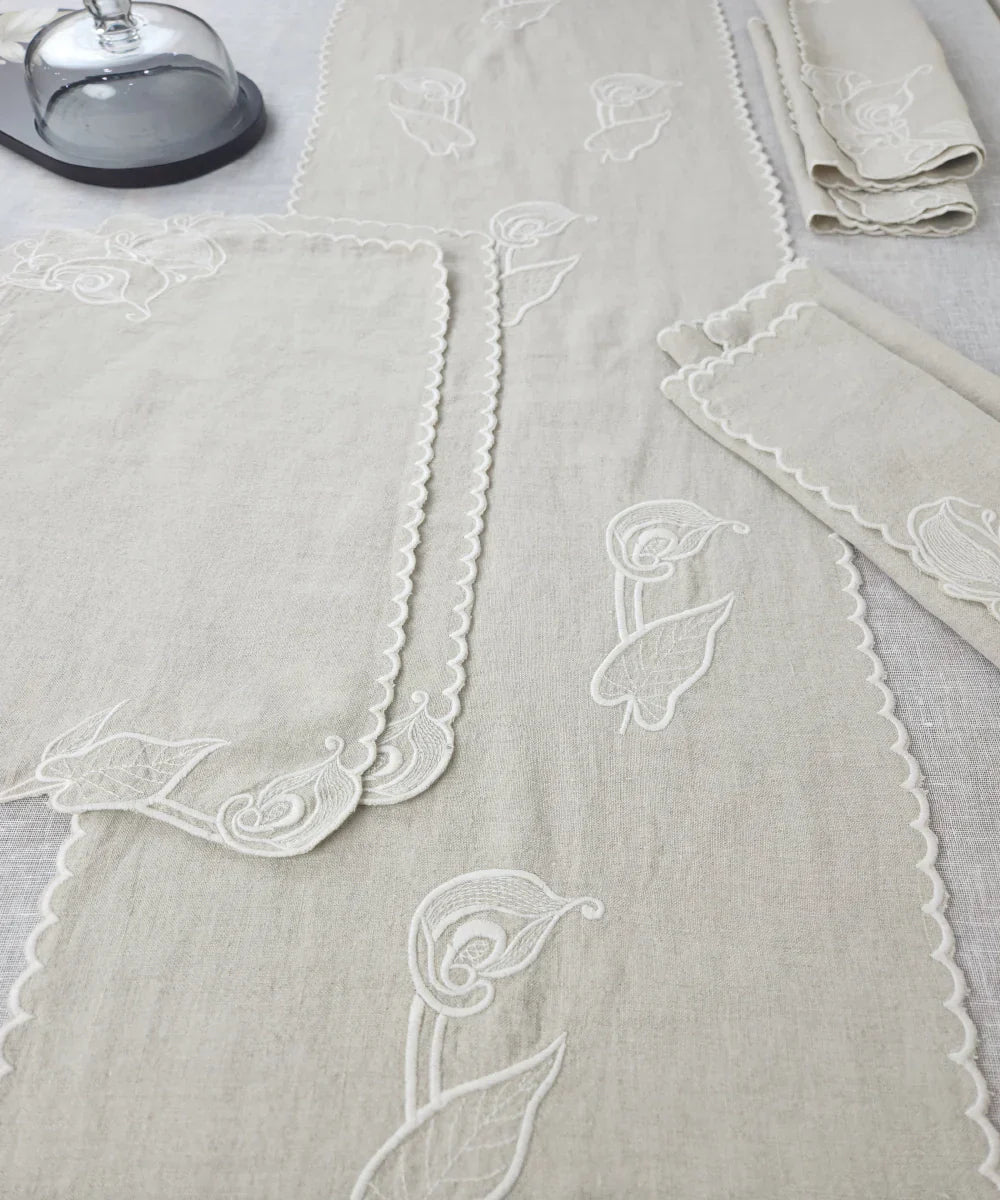 Set of Beige Pure Linen Cutwork Embroidered Table Runner with 6 pcs Table Mats | SHOBITAM