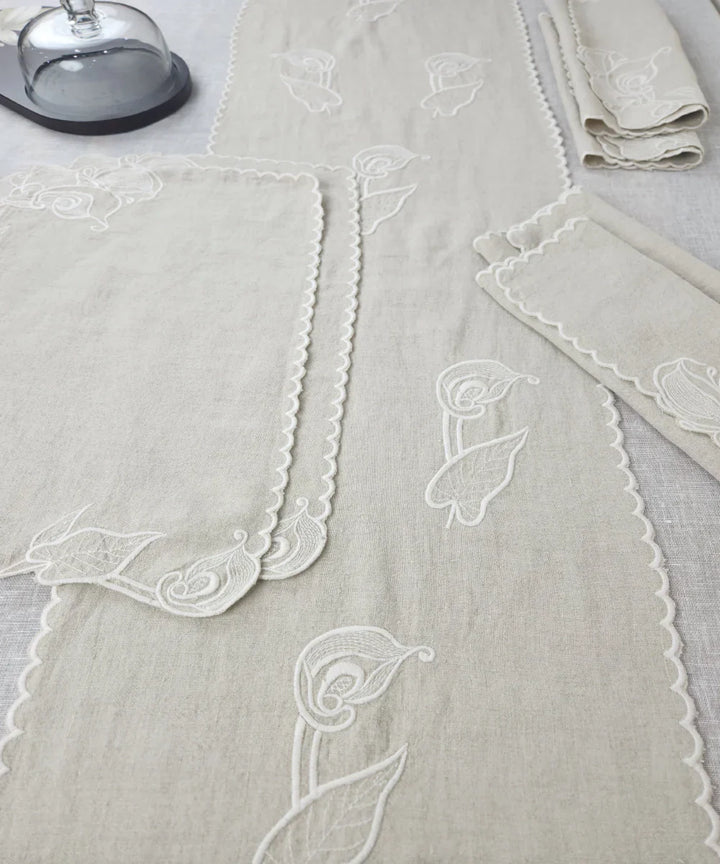 Set of Beige Pure Linen Cutwork Embroidered Table Runner with 6 pcs Table Mats | SHOBITAM