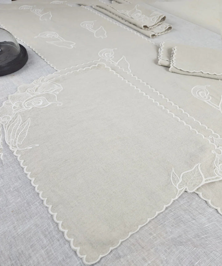 Set of Beige Pure Linen Cutwork Embroidered Table Runner with 6 pcs Table Mats | SHOBITAM
