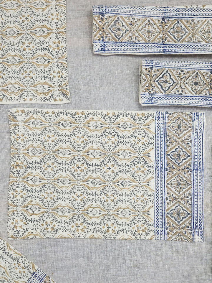Set of 6 pcs Deep cream Hand Block Printed Pure Linen Table Mats