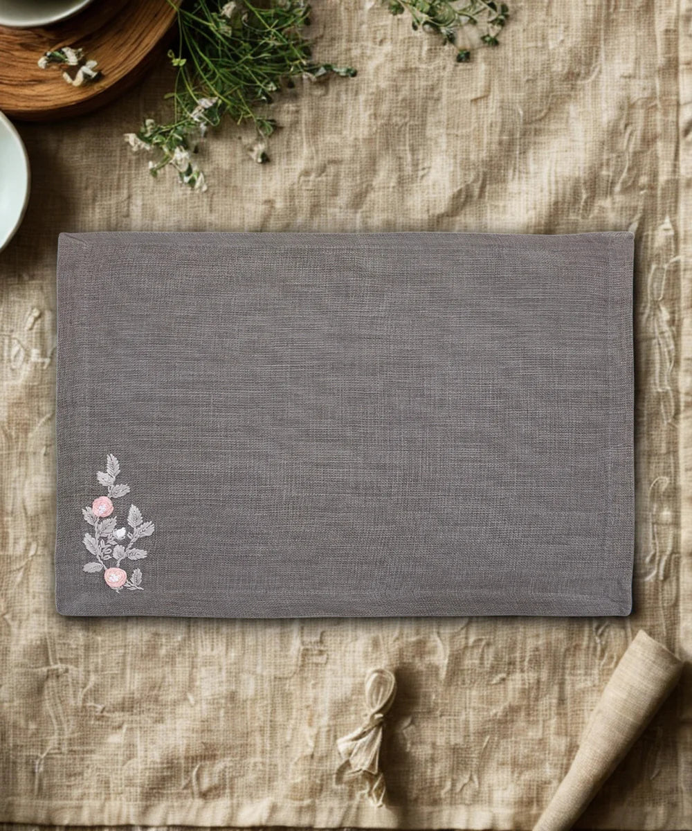 13"x19"  Set of 4 Pcs Gray Hand Embroidered Pure Linen Dining Table Mats