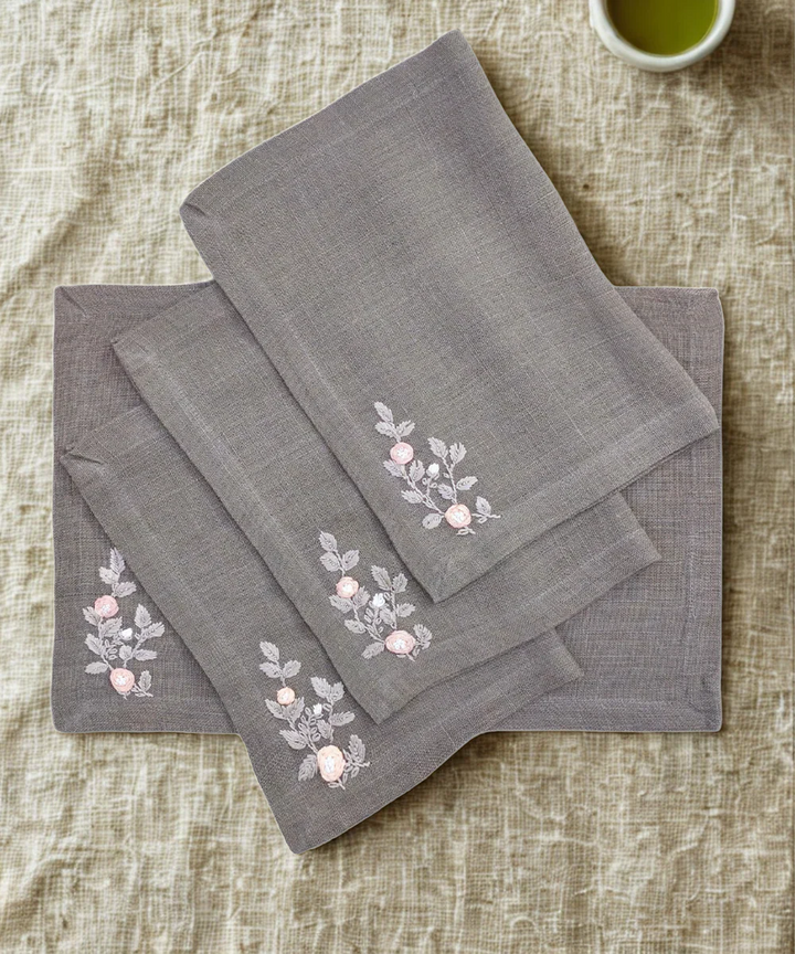 13"x19"  Set of 4 Pcs Gray Hand Embroidered Pure Linen Dining Table Mats