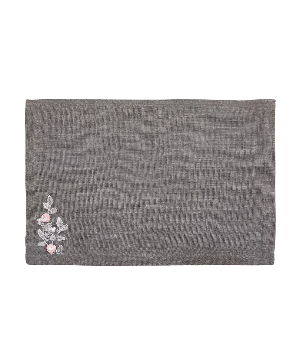 Set of Grey Hand Embroidered Pure Linen 6 seater Table Runner & 6 pcs Table Mats | SHOBITAM