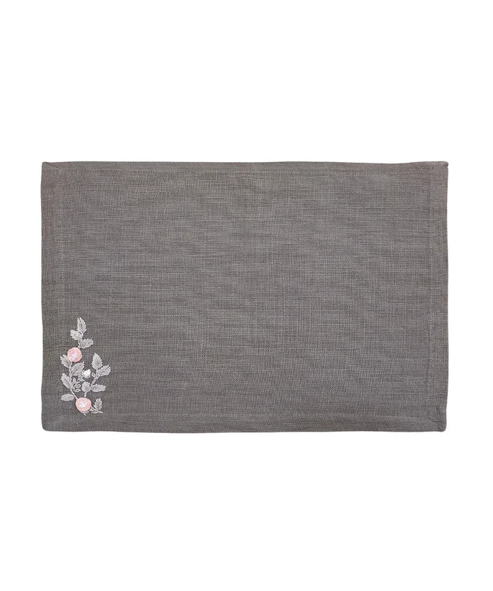 Set of Grey Hand Embroidered Pure Linen 6 seater Table Runner & 6 pcs Table Mats | SHOBITAM