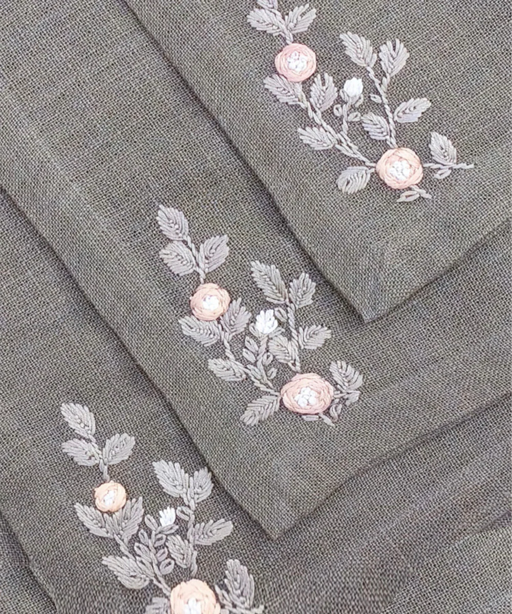 Set of Grey Hand Embroidered Pure Linen 6 seater Table Runner & 6 pcs Table Mats | SHOBITAM