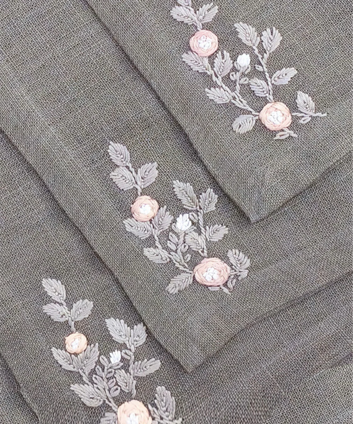 Set of Grey Hand Embroidered Pure Linen 6 seater Table Runner & 6 pcs Table Mats | SHOBITAM