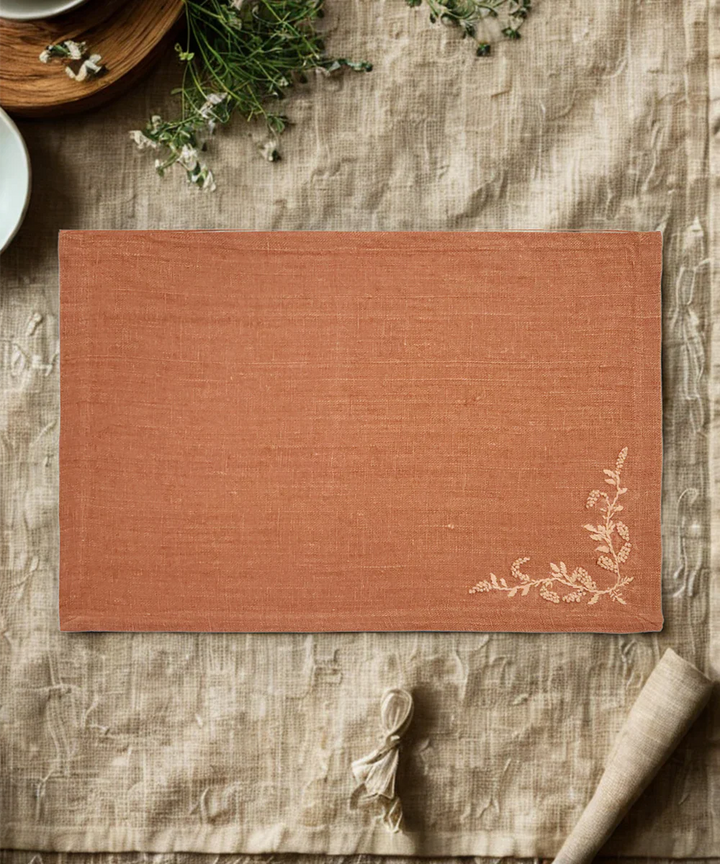 13"x19"  Set of 4 Pcs Rust Hand Embroidered Pure Linen Dining Table Mats