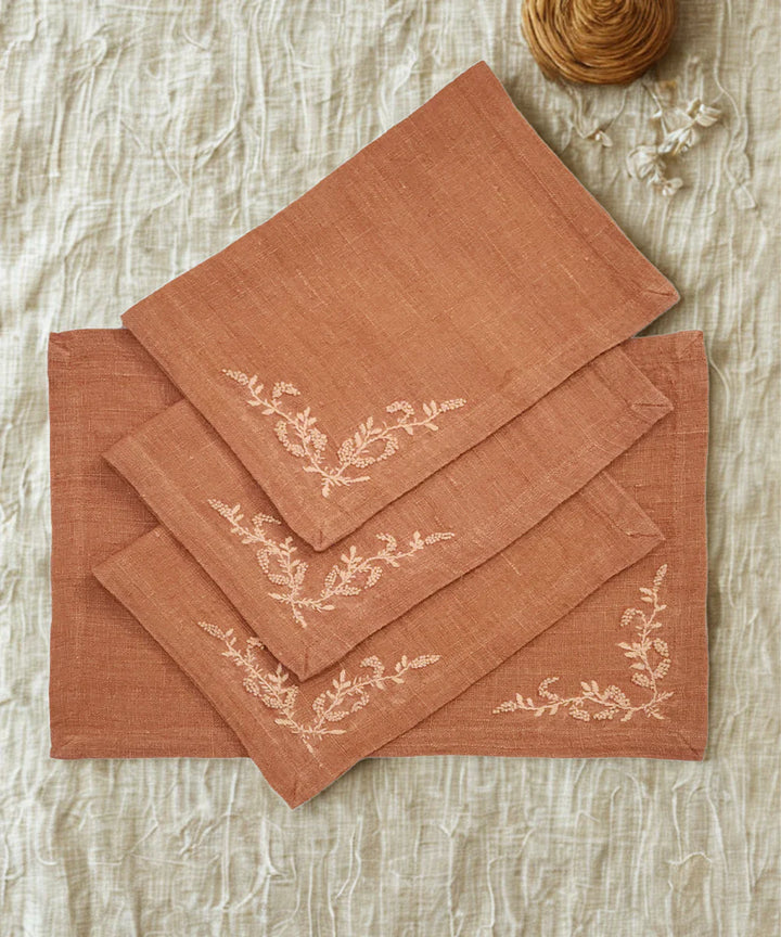 13"x19"  Set of 4 Pcs Rust Hand Embroidered Pure Linen Dining Table Mats