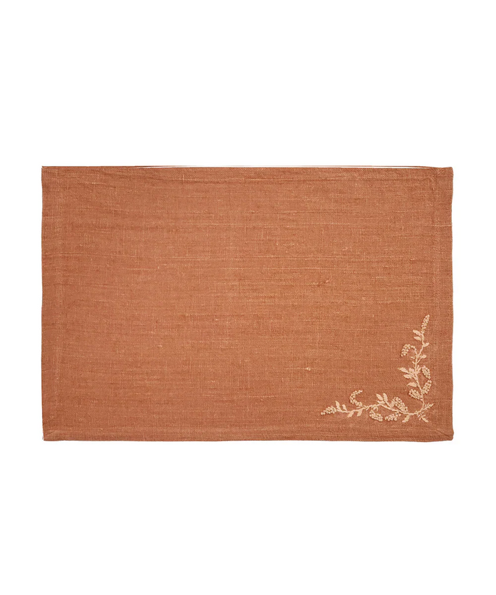13"x19"  Set of 4 Pcs Rust Hand Embroidered Pure Linen Dining Table Mats