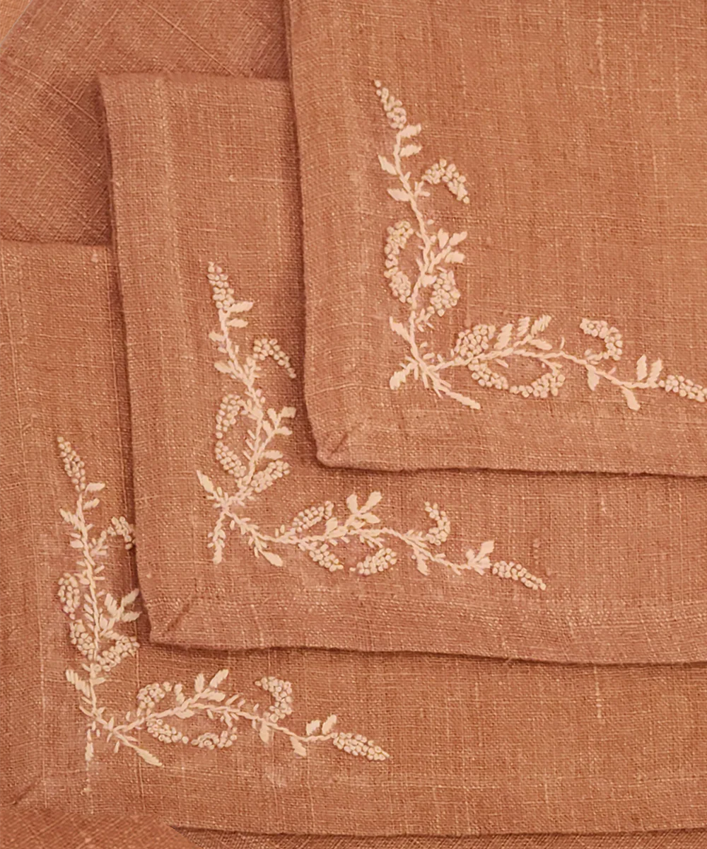 13"x19"  Set of 4 Pcs Rust Hand Embroidered Pure Linen Dining Table Mats