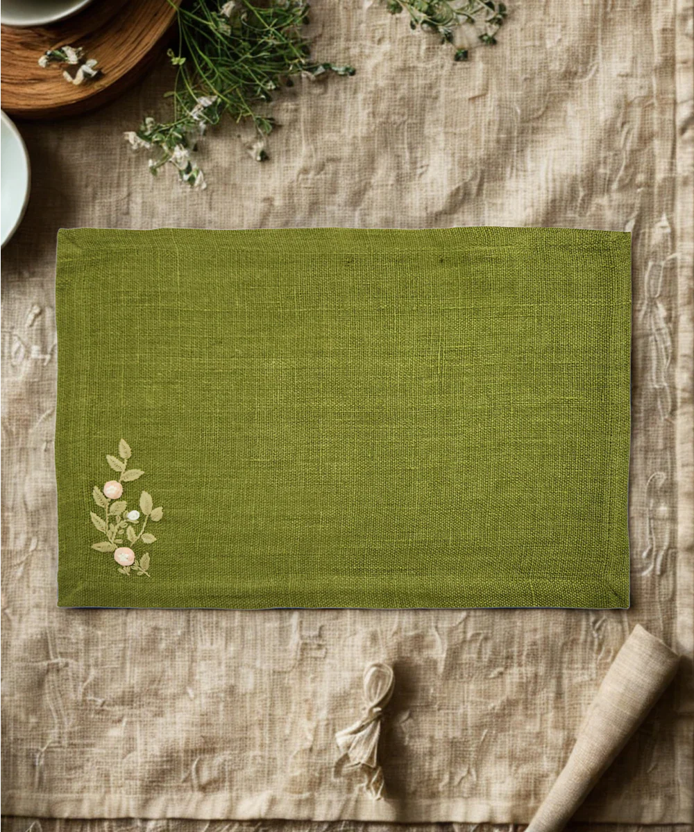 13"x19"  Set of 4 Pcs Olive Hand Embroidered Pure Linen Dining Table Mats