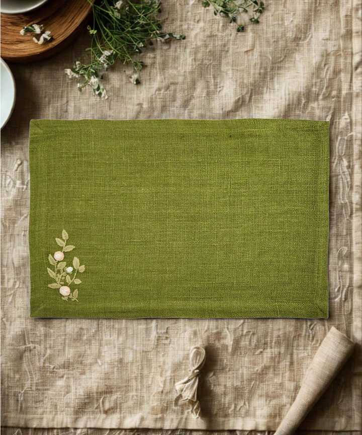 13"x19"  Set of 4 Pcs Olive Hand Embroidered Pure Linen Dining Table Mats