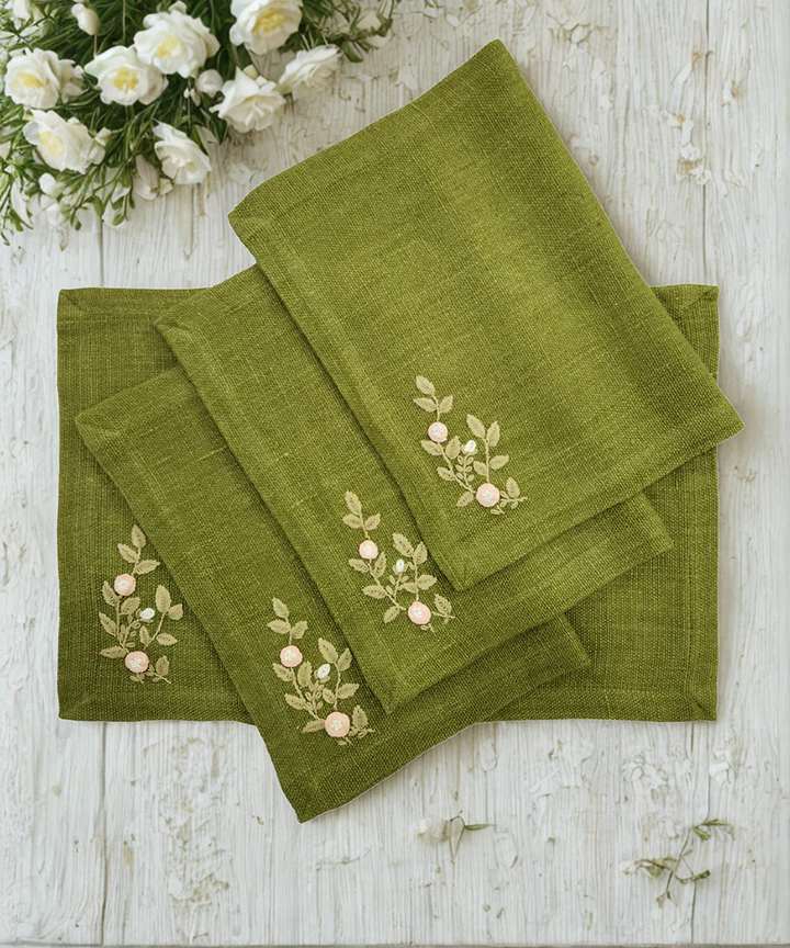 13"x19"  Set of 4 Pcs Olive Hand Embroidered Pure Linen Dining Table Mats