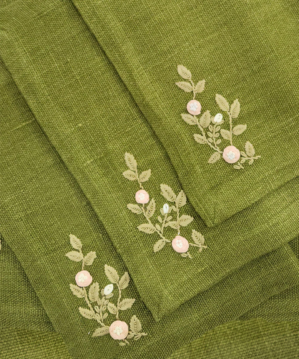 13"x19"  Set of 4 Pcs Olive Hand Embroidered Pure Linen Dining Table Mats