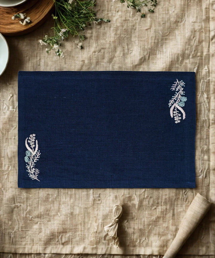 13"x19"  Set of 4pcs navy hand embroidered pure linen dining table mats