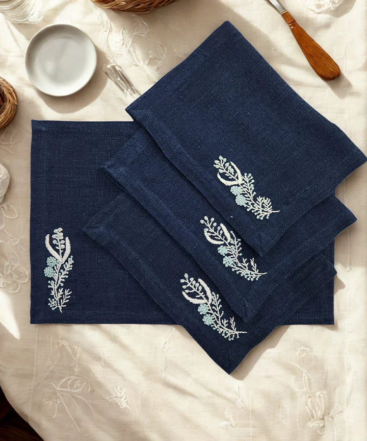 13"x19"  Set of 4pcs navy hand embroidered pure linen dining table mats