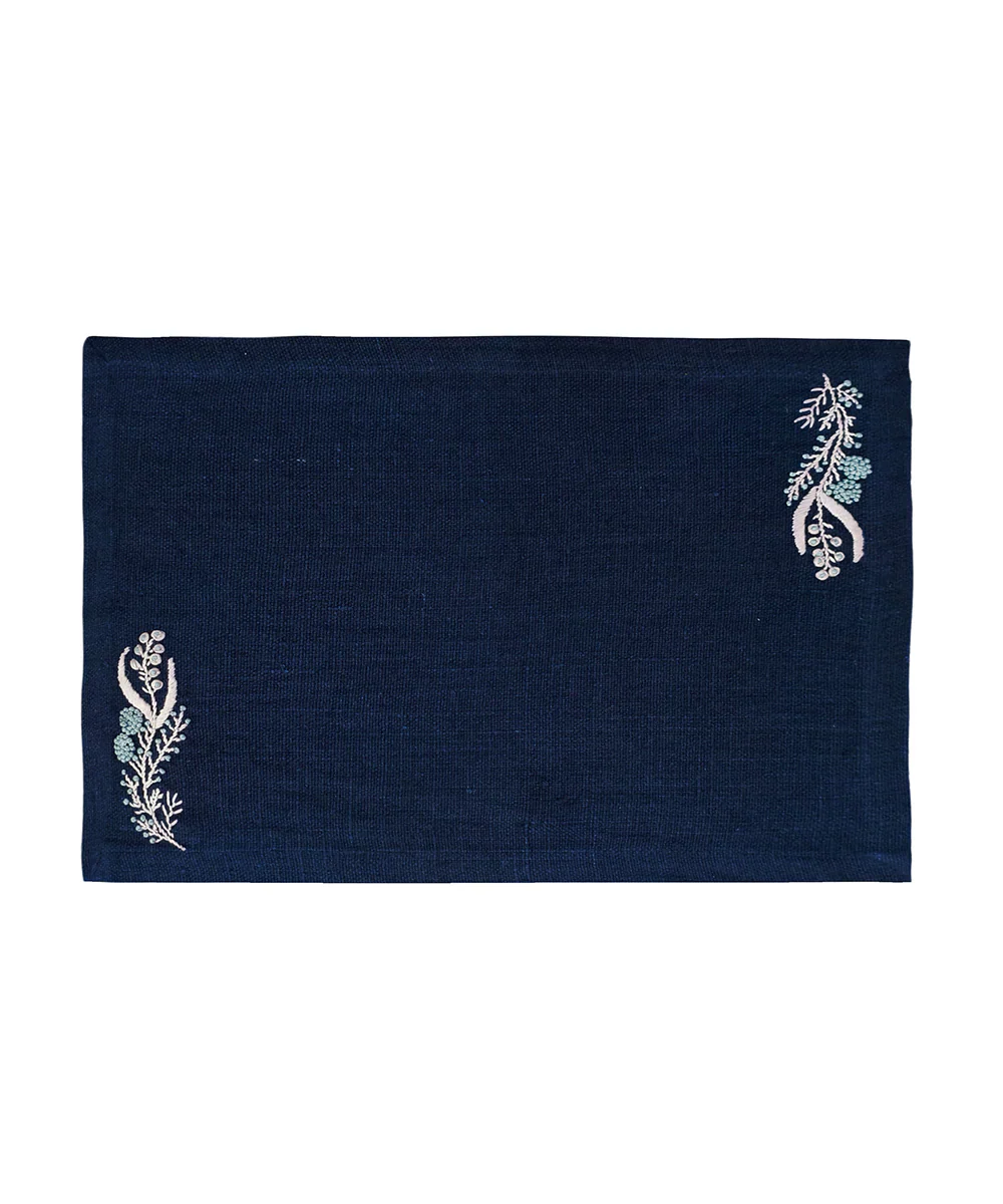 Set of Navy Hand Embroidered Pure Linen Table Runner with 6 pcs Table Mats | SHOBITAM
