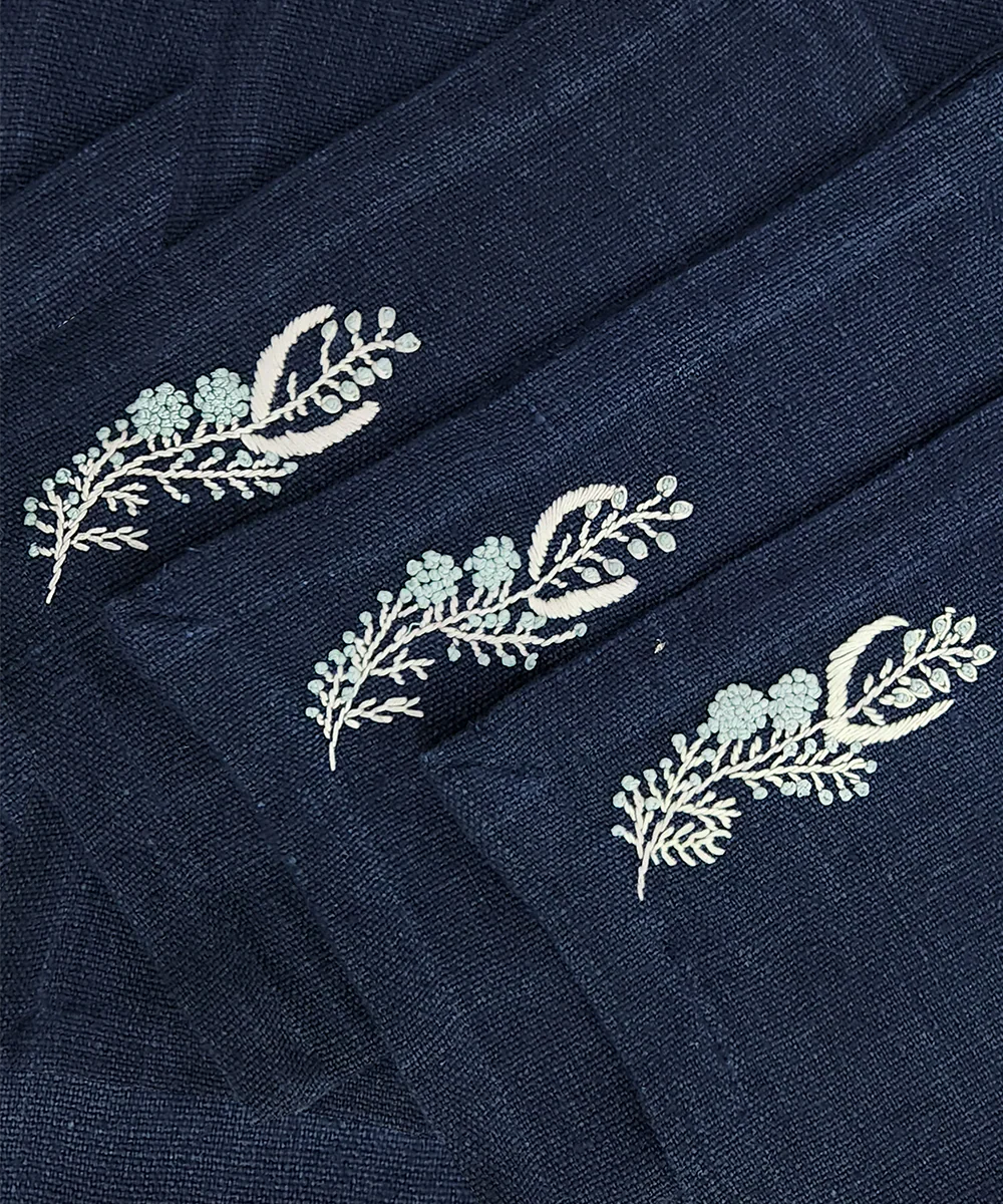 Set of Navy Hand Embroidered Pure Linen Table Runner with 6 pcs Table Mats | SHOBITAM