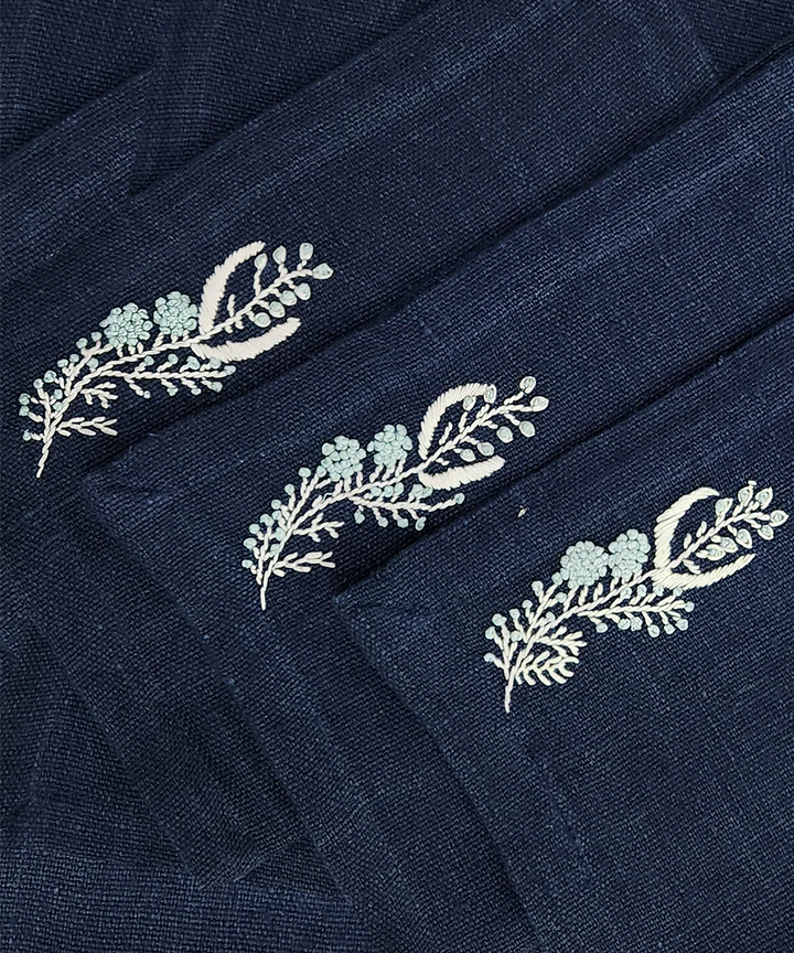 Set of Navy Hand Embroidered Pure Linen Table Runner with 6 pcs Table Mats | SHOBITAM