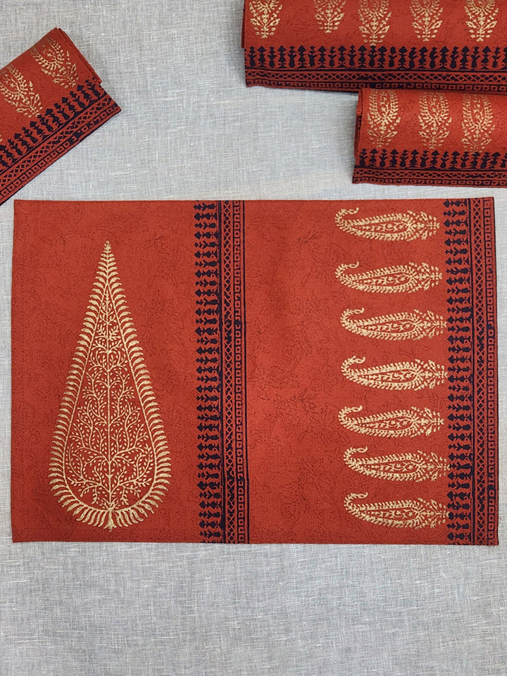 Set of 6 pcs Burnt Orange Hand Block Printed Cotton Canvas Table Mats