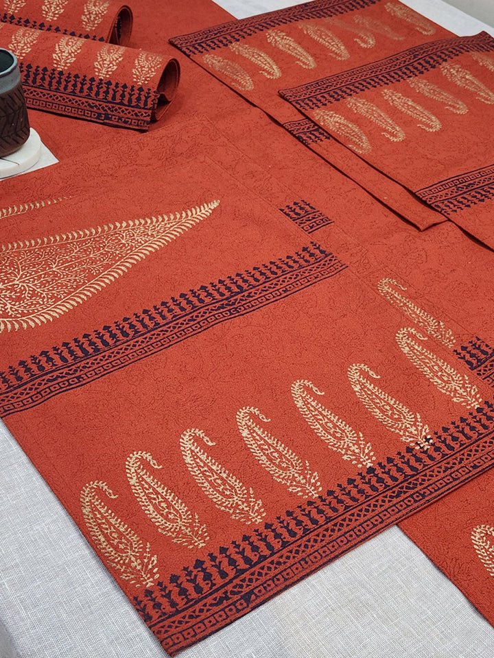 Set of 6 pcs Burnt Orange Hand Block Printed Cotton Canvas Table Mats