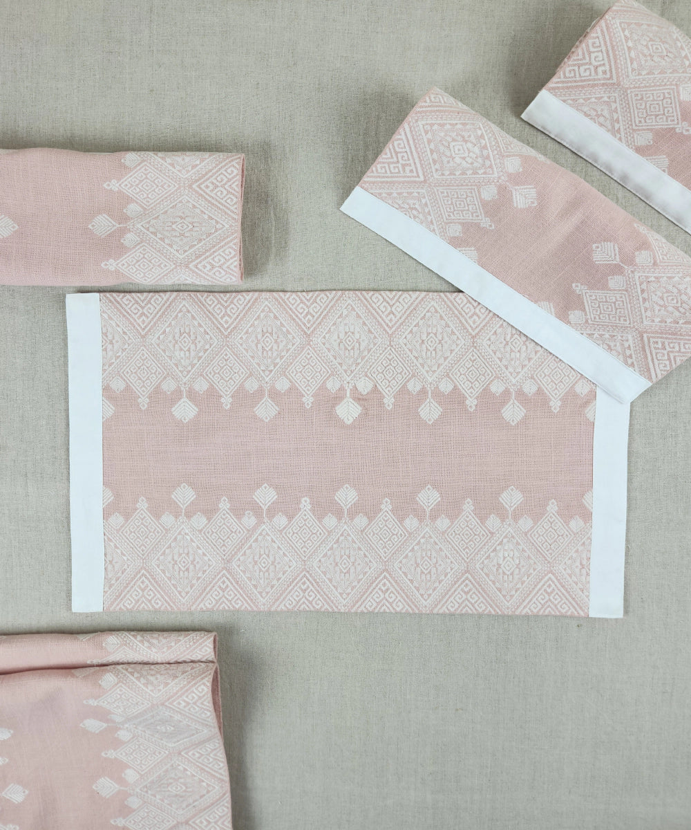 Set of 6 Coral Cotton Slub Geometric Embroidered Table Mat  | SHOBITAM