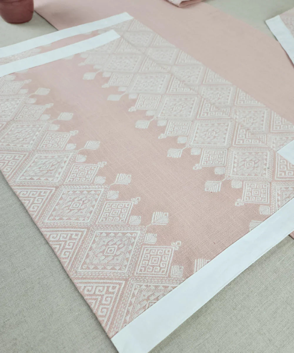 Coral Geometric Embroidered Cotton Slub Table Linen Set – Set of 6 Placemats & 1 (6-Seater) Table Runner | SHOBITAM