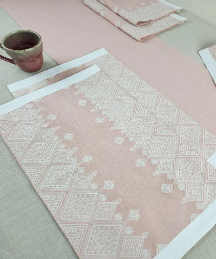 Coral Geometric Embroidered Cotton Slub Table Linen Set – Set of 6 Placemats & 1 (6-Seater) Table Runner | SHOBITAM