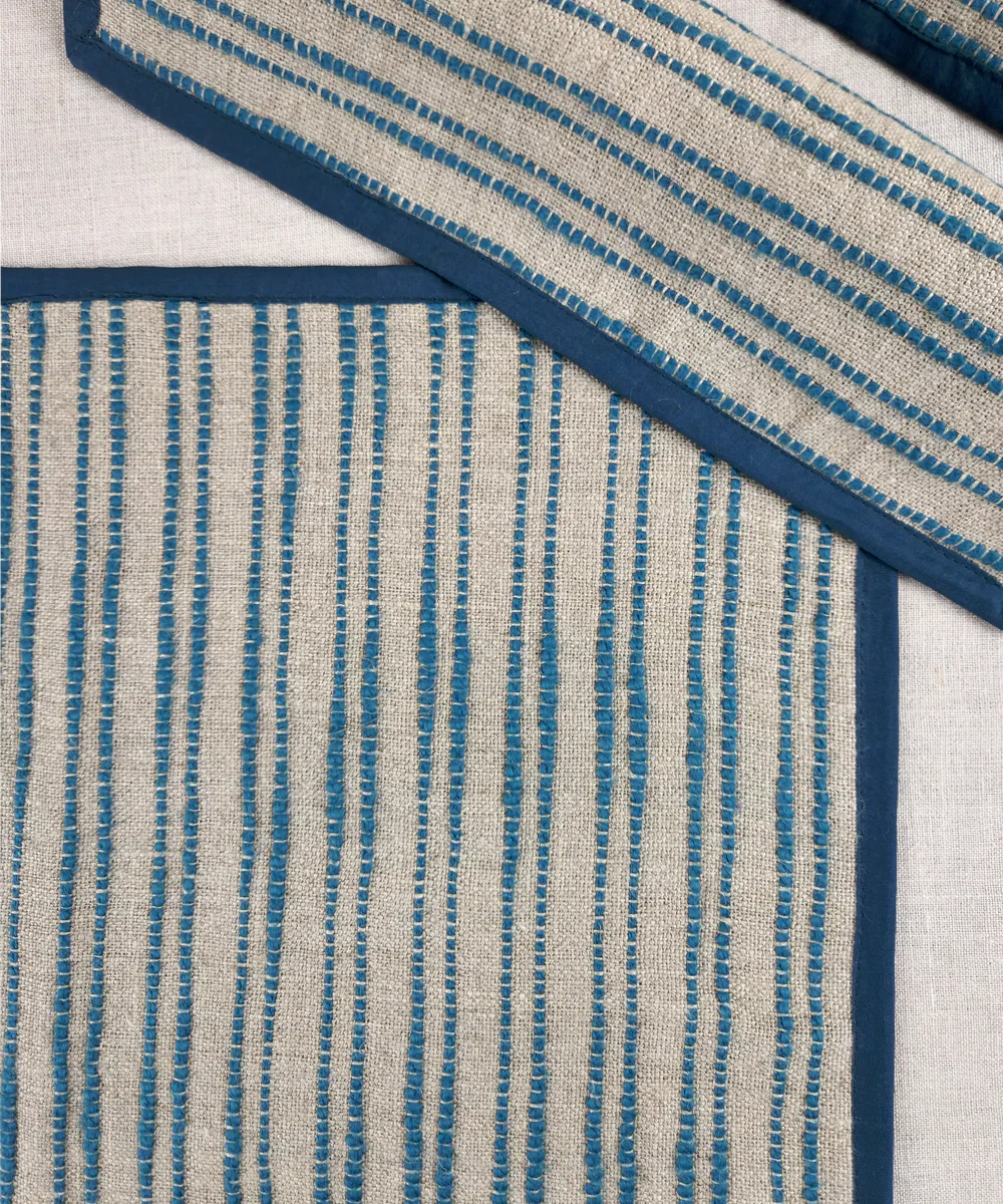 Set of 6 pcs Linen Natural & Teal Yarn Dye Table Mats | SHOBITAM