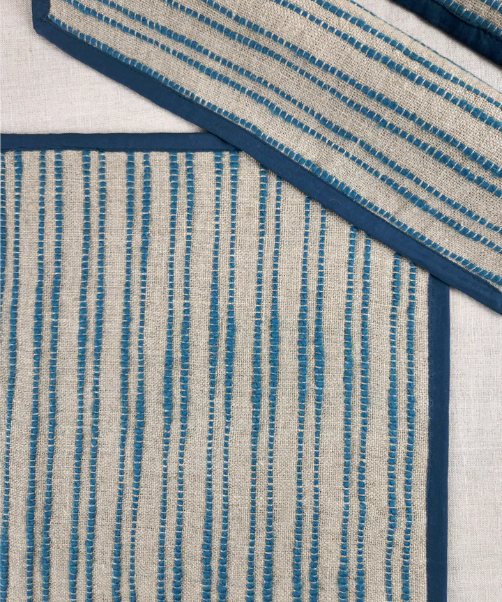 Set of 6 pcs Linen Natural & Teal Yarn Dye Table Mats | SHOBITAM