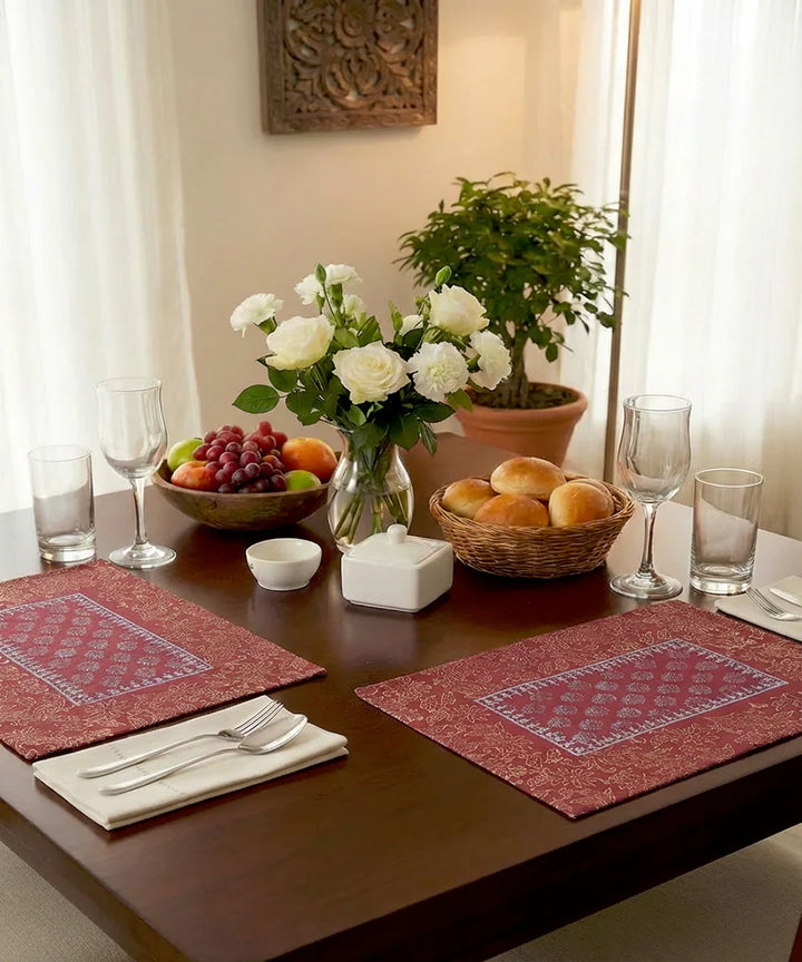 Set of 6 pcs Maroon Block Printed Cotton Canvas Table Mats  | SHOBITAM