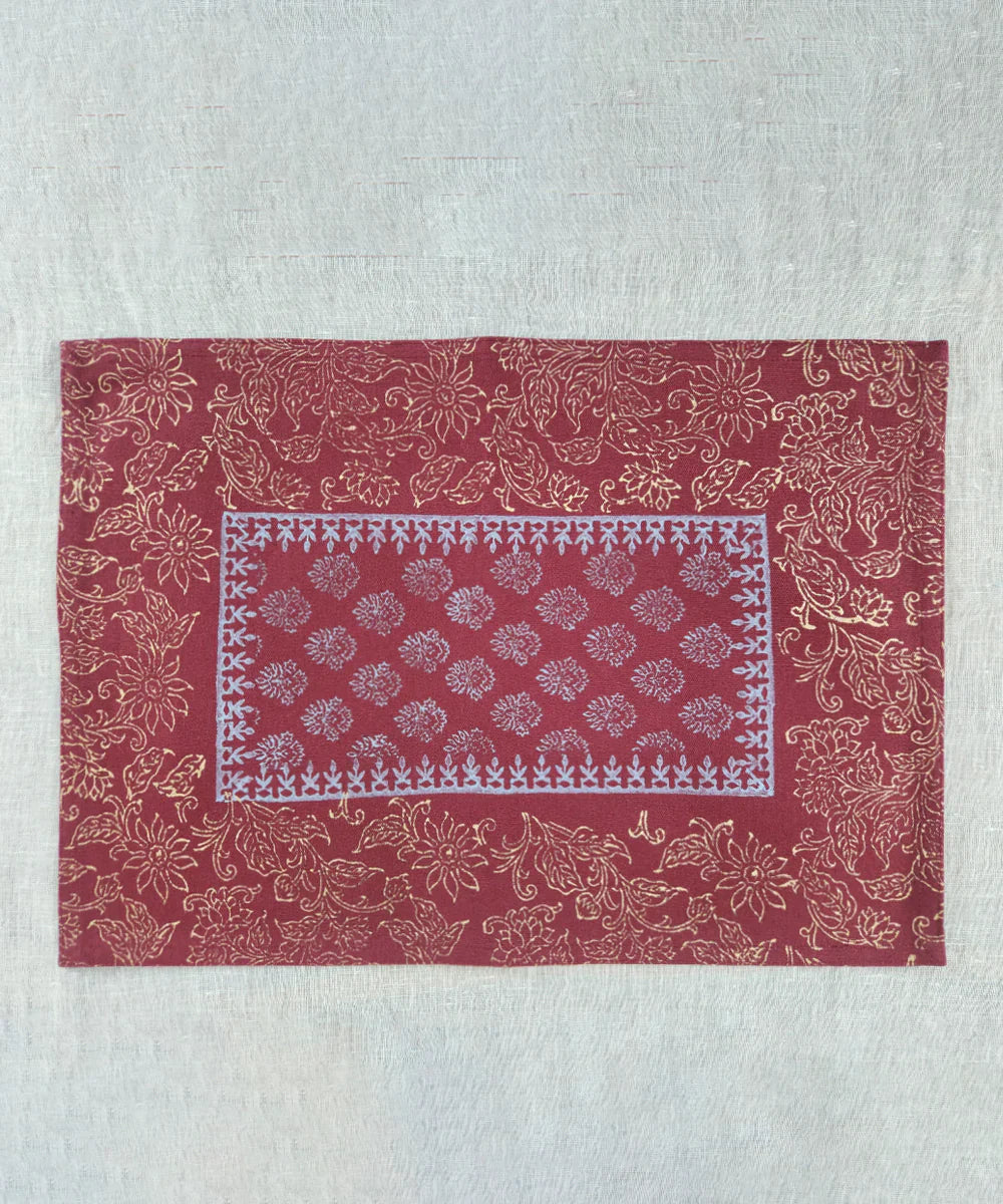 Set of 6 pcs Maroon Block Printed Cotton Canvas Table Mats  | SHOBITAM