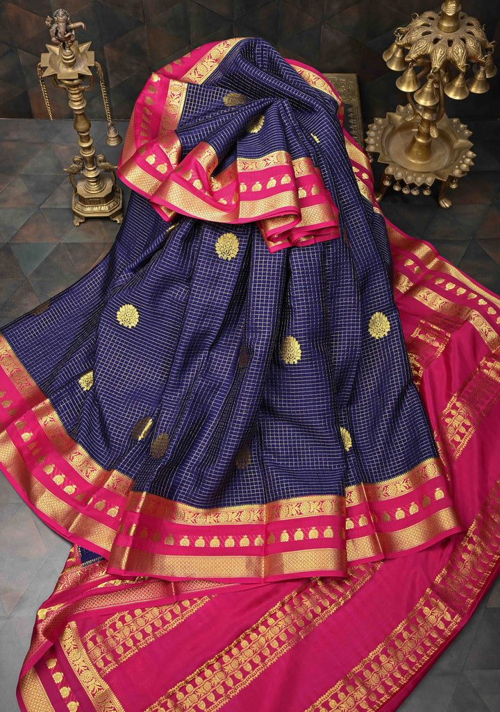 Navy Blue Mysore silk Saree With Zari Checks And Contrast Border in KSIC Grade Thickness| SILK MARK CERTIFIED