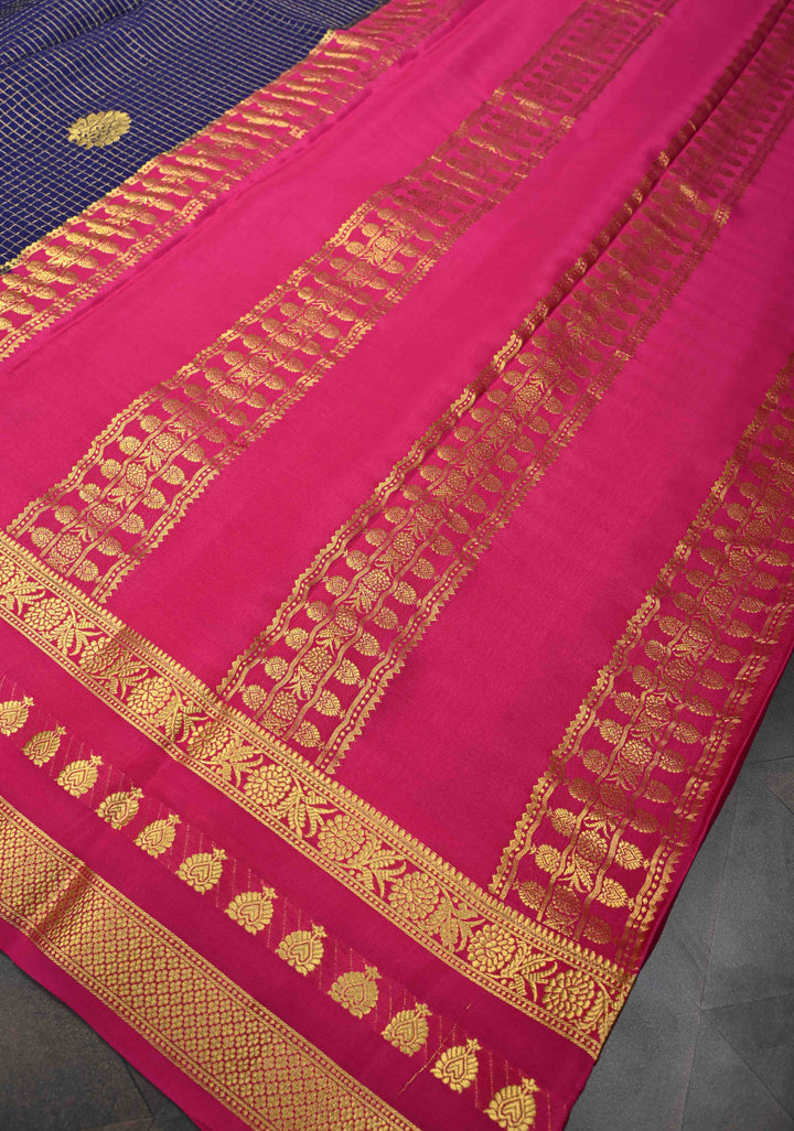 Navy Blue Mysore silk Saree With Zari Checks And Contrast Border in KSIC Grade Thickness| SILK MARK CERTIFIED