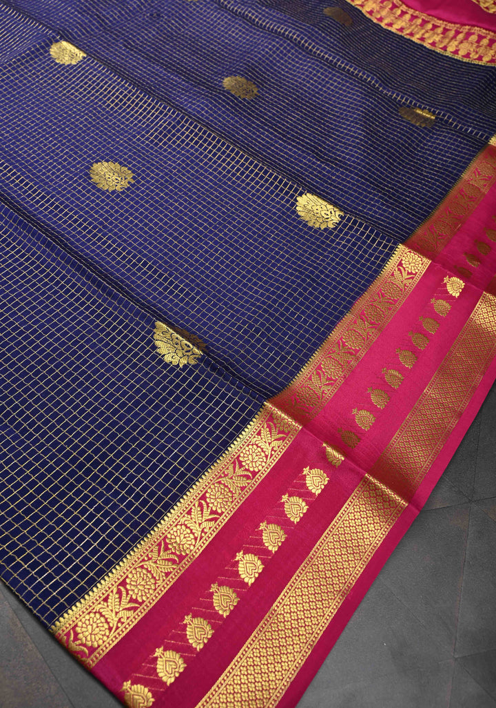 Navy Blue Mysore silk Saree With Zari Checks And Contrast Border in KSIC Grade Thickness| SILK MARK CERTIFIED
