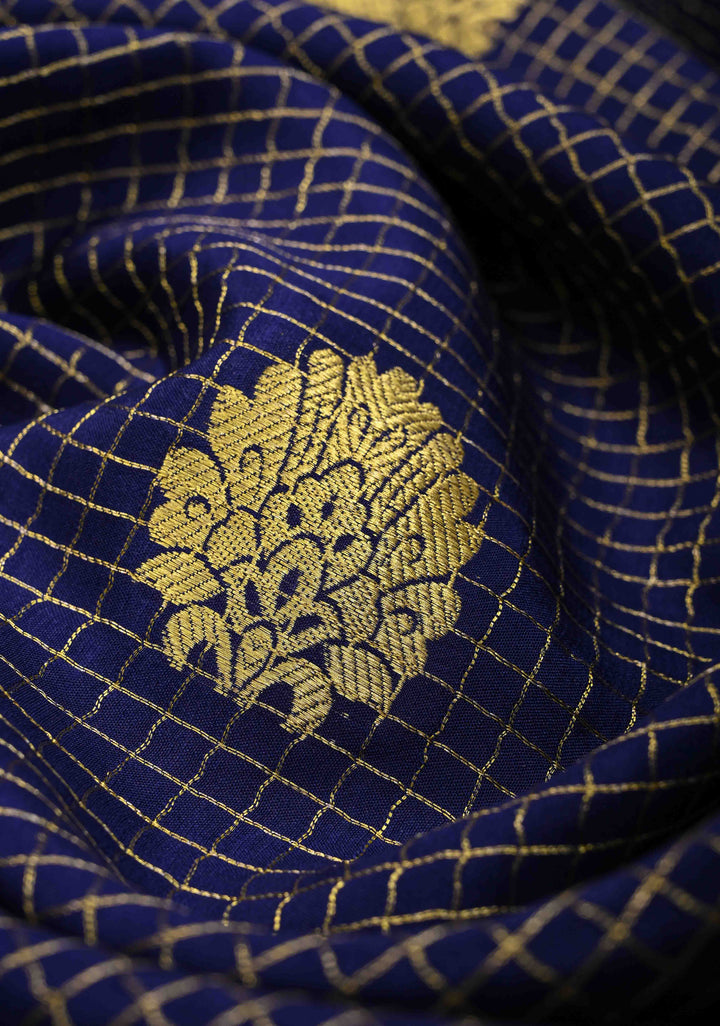 Navy Blue Mysore silk Saree With Zari Checks And Contrast Border in KSIC Grade Thickness| SILK MARK CERTIFIED