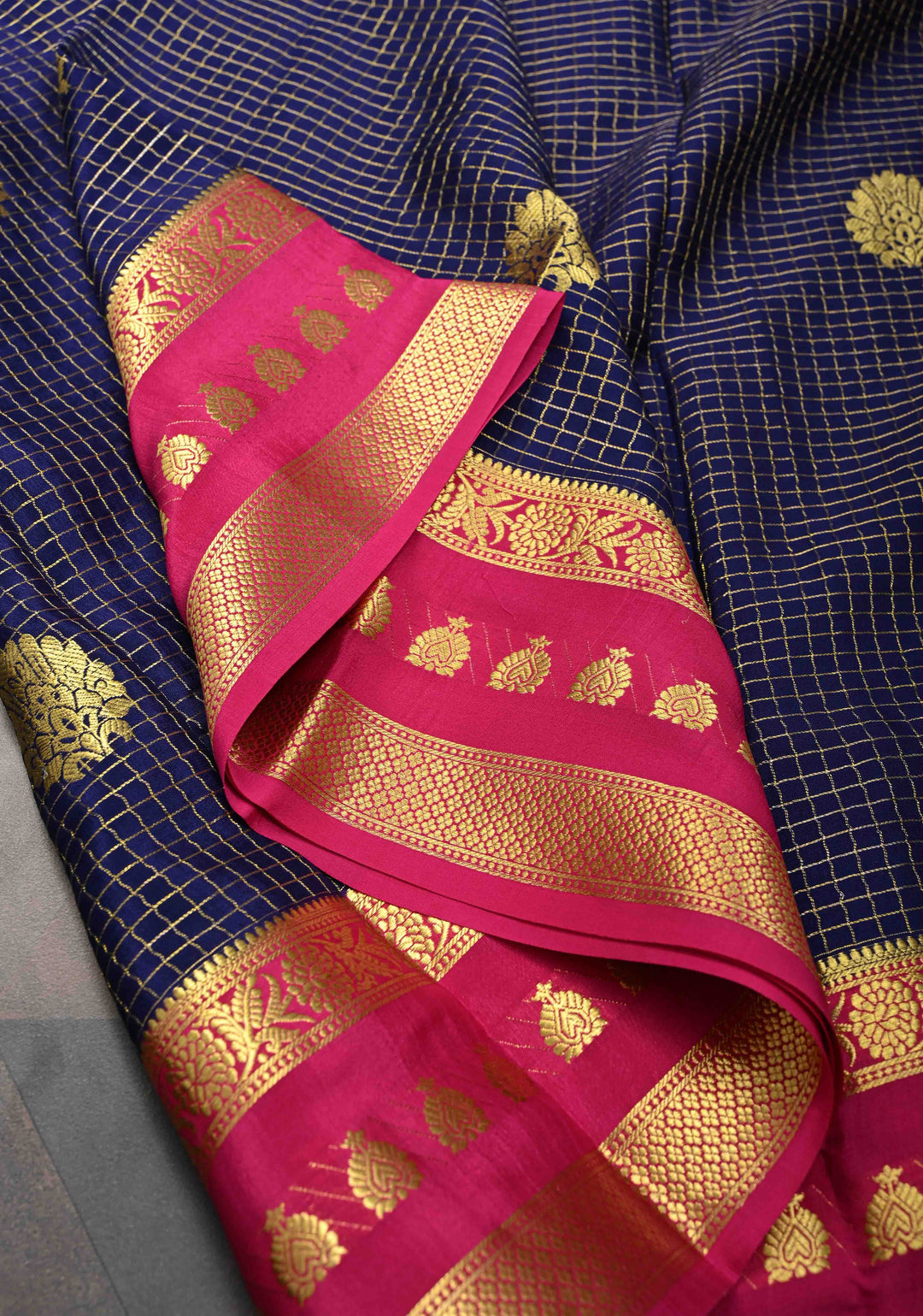 Navy Blue Mysore silk Saree With Zari Checks And Contrast Border in KSIC Grade Thickness| SILK MARK CERTIFIED